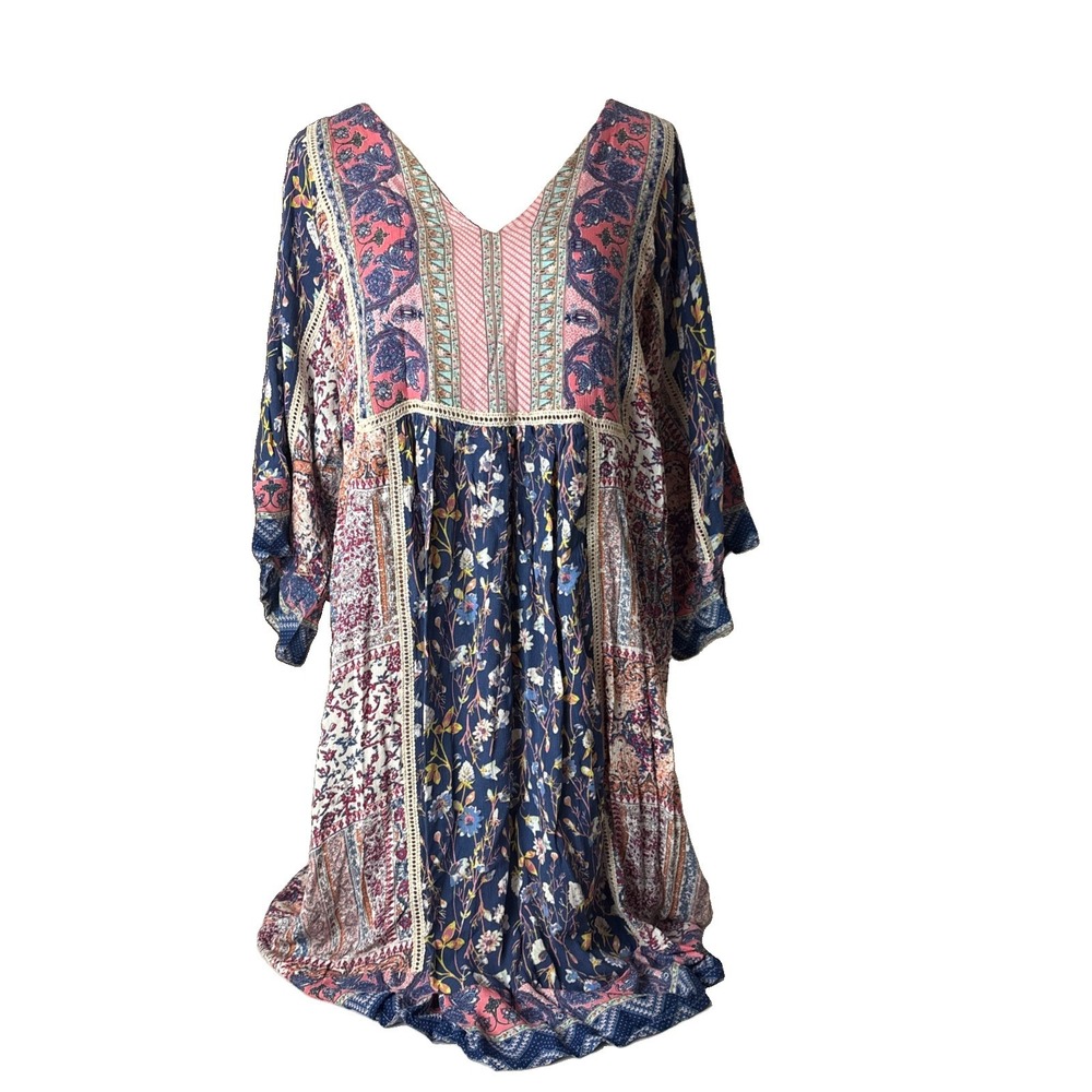 Sundance M My Favorite Dress Boho Patchwork Floral Shift Dress CottageCore v-nec